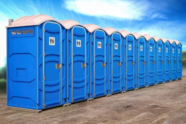 A row of blue portable toilets are lined up in a field.