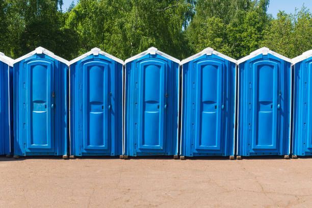 A row of blue portable toilets are lined up in a parking lot.