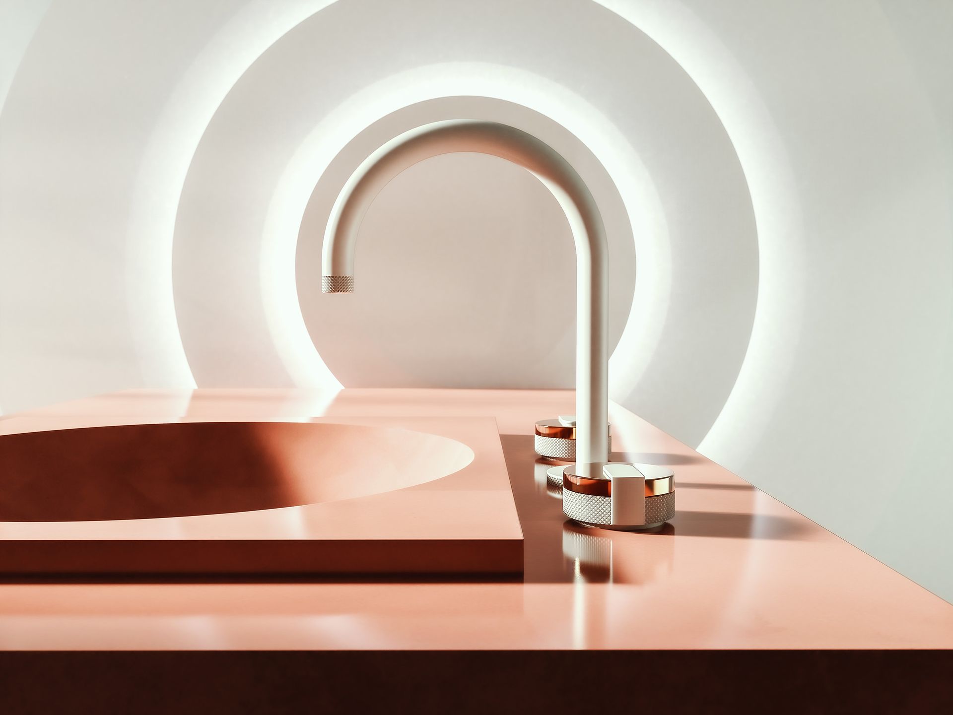 A copper sink with a white faucet on it