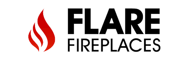 Logo for Flare Fireplaces: red flame icon next to the words