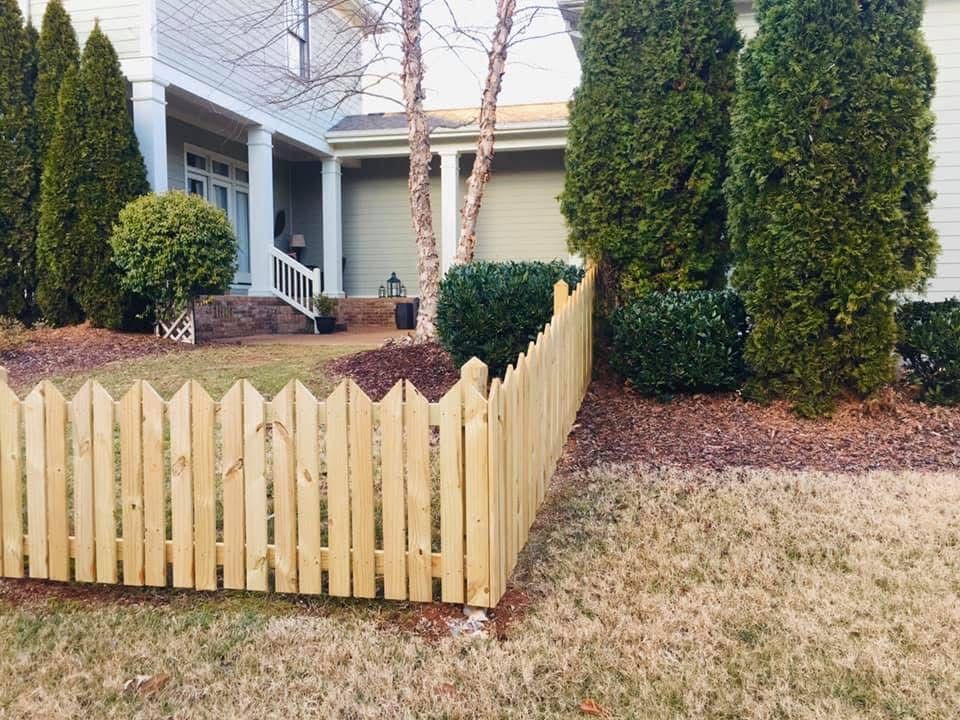 Wooden picket fence in front yard of a house, with evergreen bushes and trees.