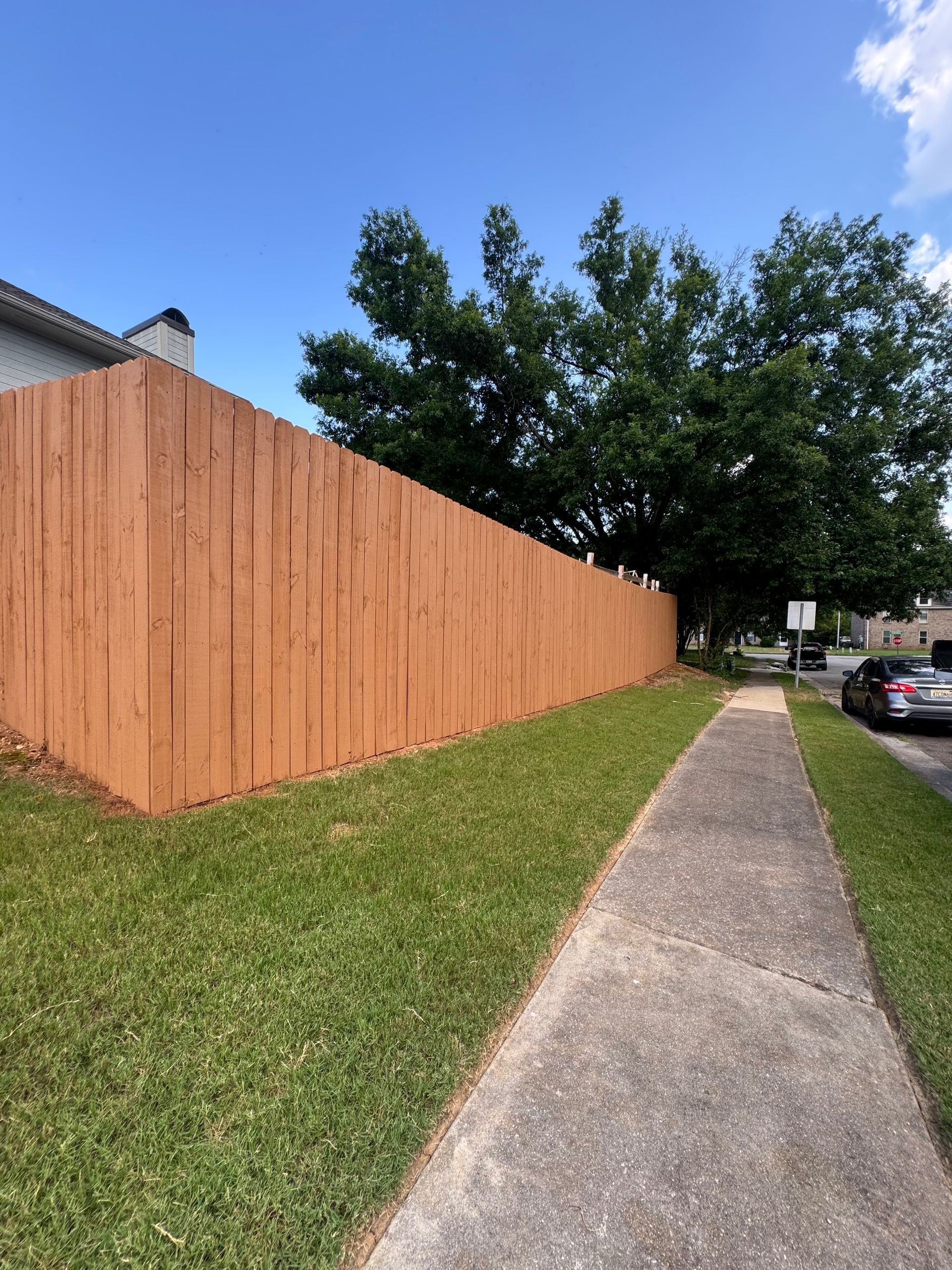 Brown wooden fence alongside a sidewalk and grassy area with a tree and blue sky.