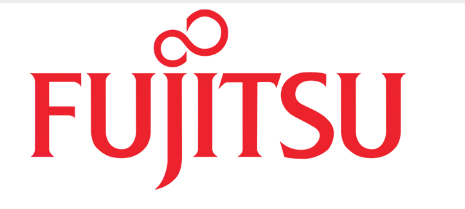 The fujitsu logo is red and white on a white background.