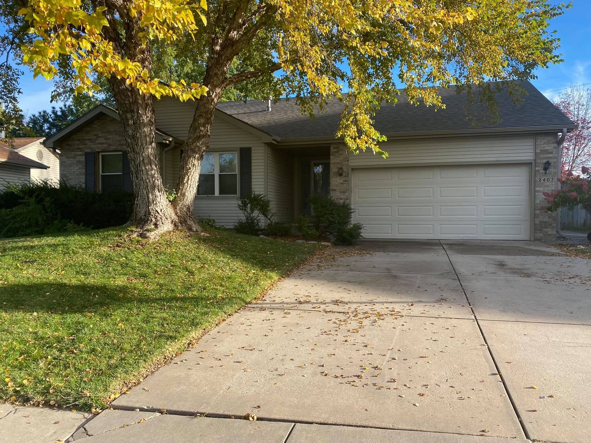 Suburban house with attached garage, driveway, and a large tree with yellow autumn leaves