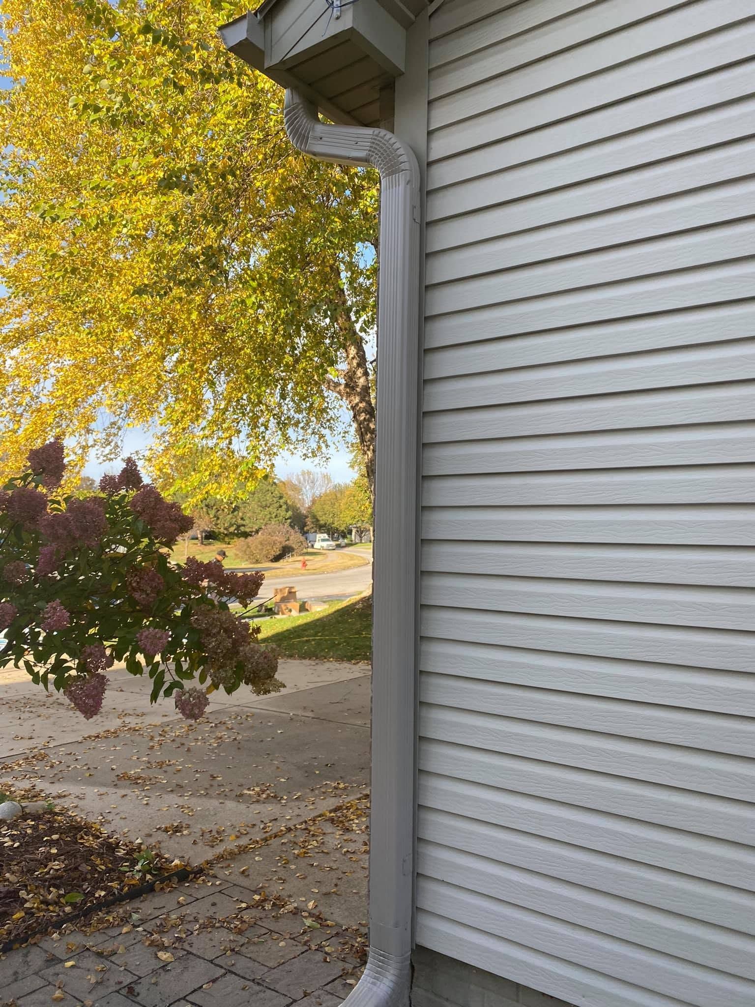 House siding and gutter beside a tree with yellow autumn leaves along a driveway or sidewalk