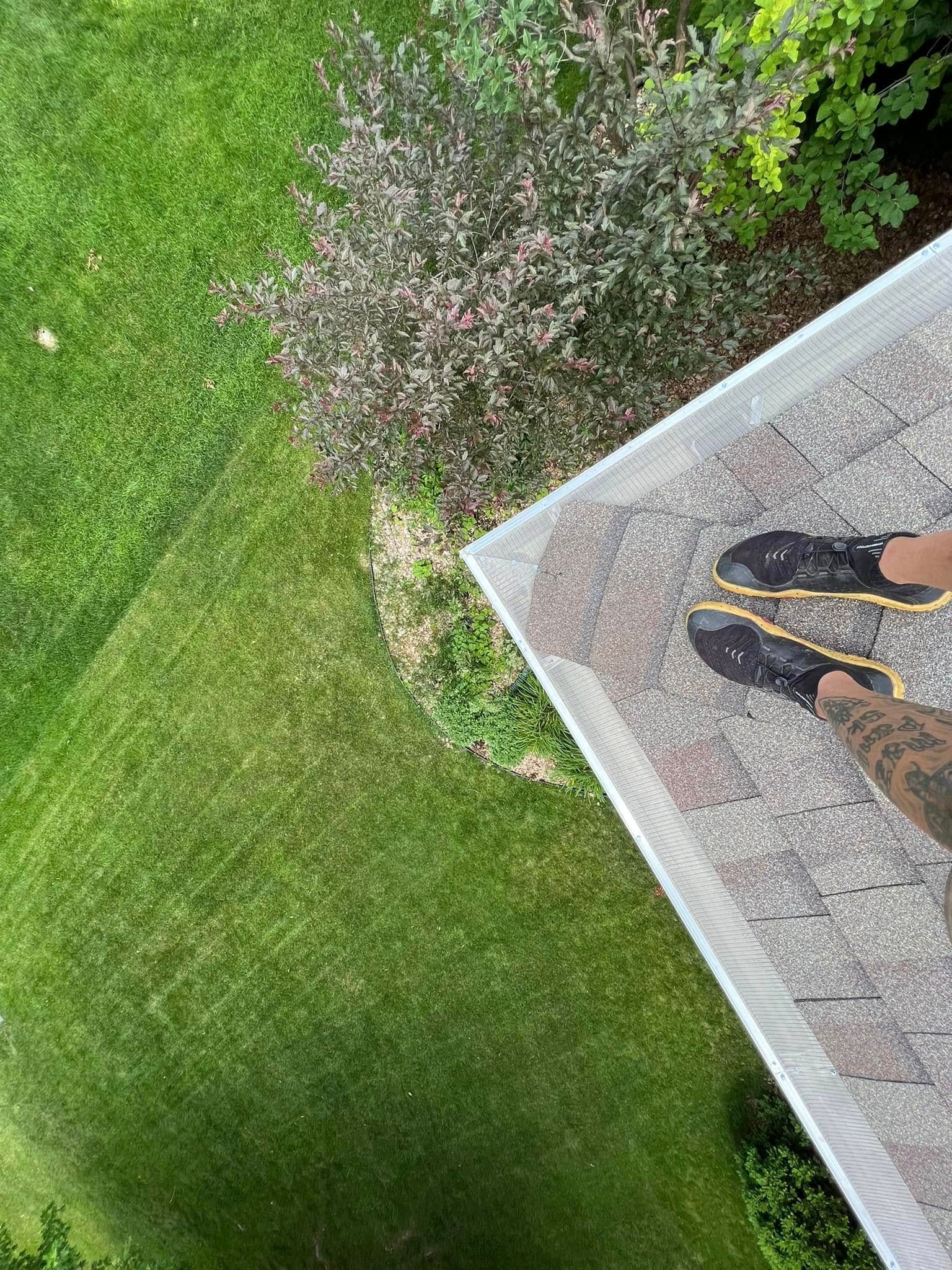 Looking down from a rooftop at a person’s feet on a ledge beside a green lawn and shrubbery