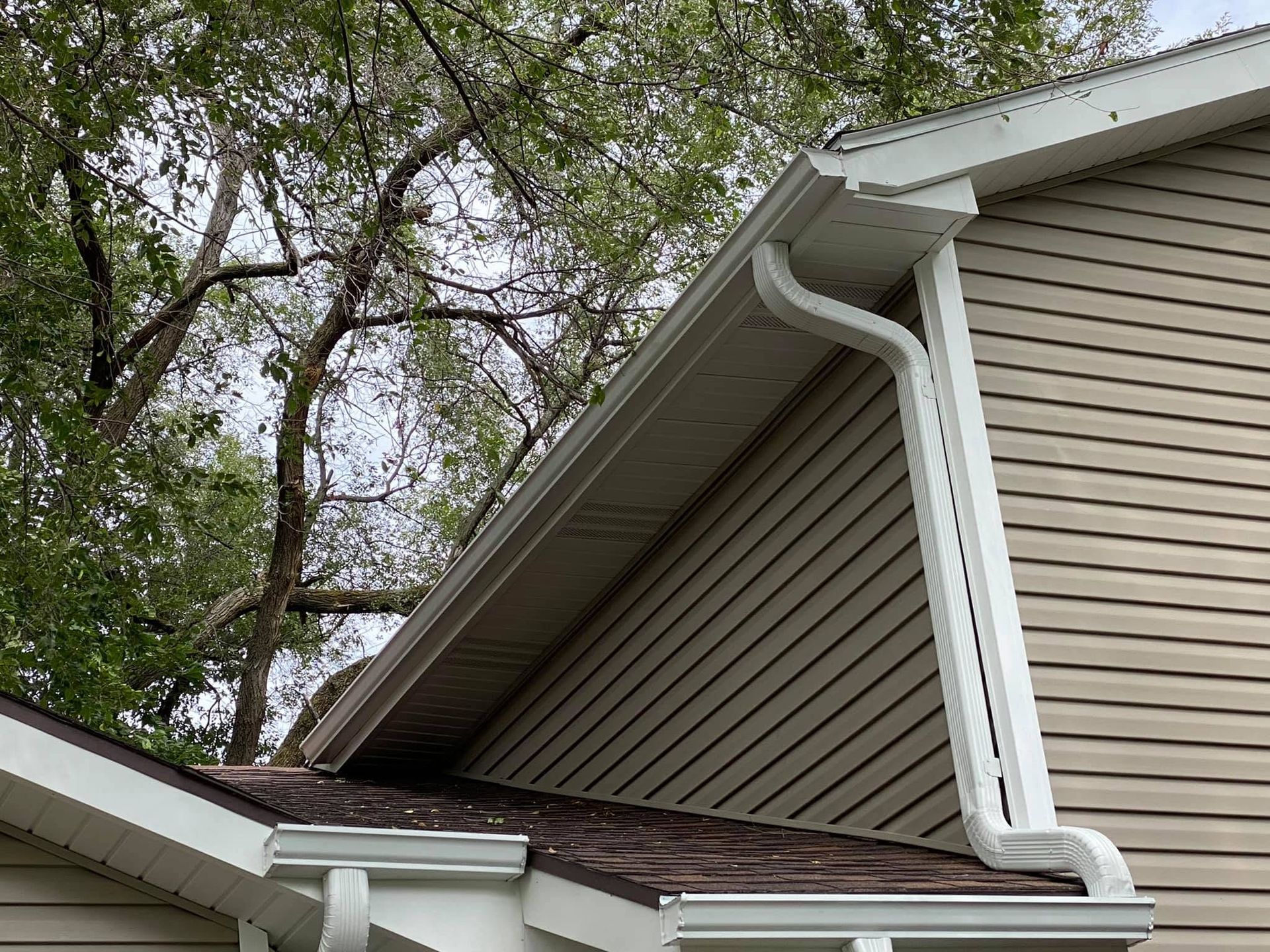 Roof gutters and downspout on a beige house beside leafy trees