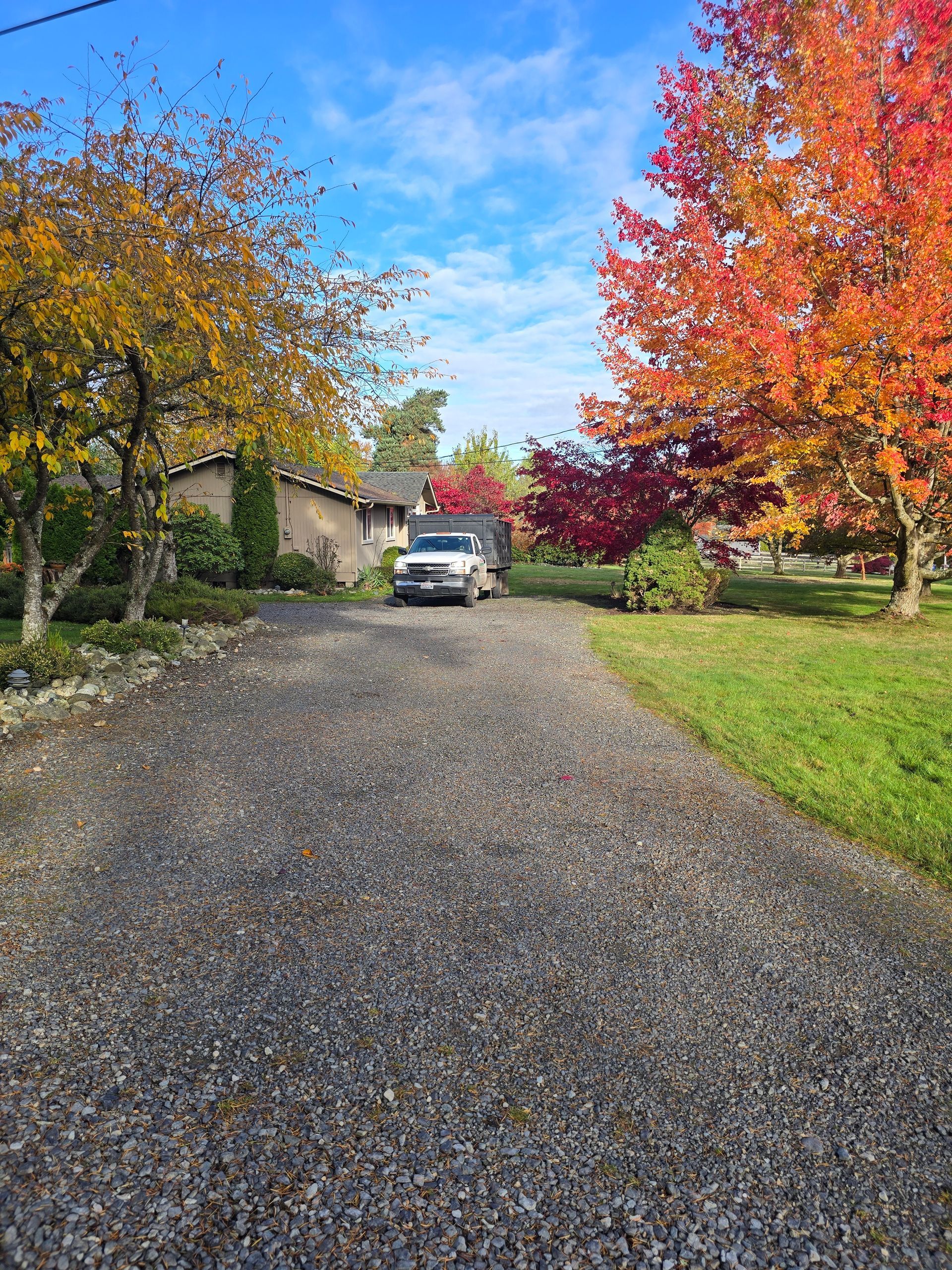 A gravel driveway leads to a house with a white truck, flanked by trees with red and yellow autumn leaves.