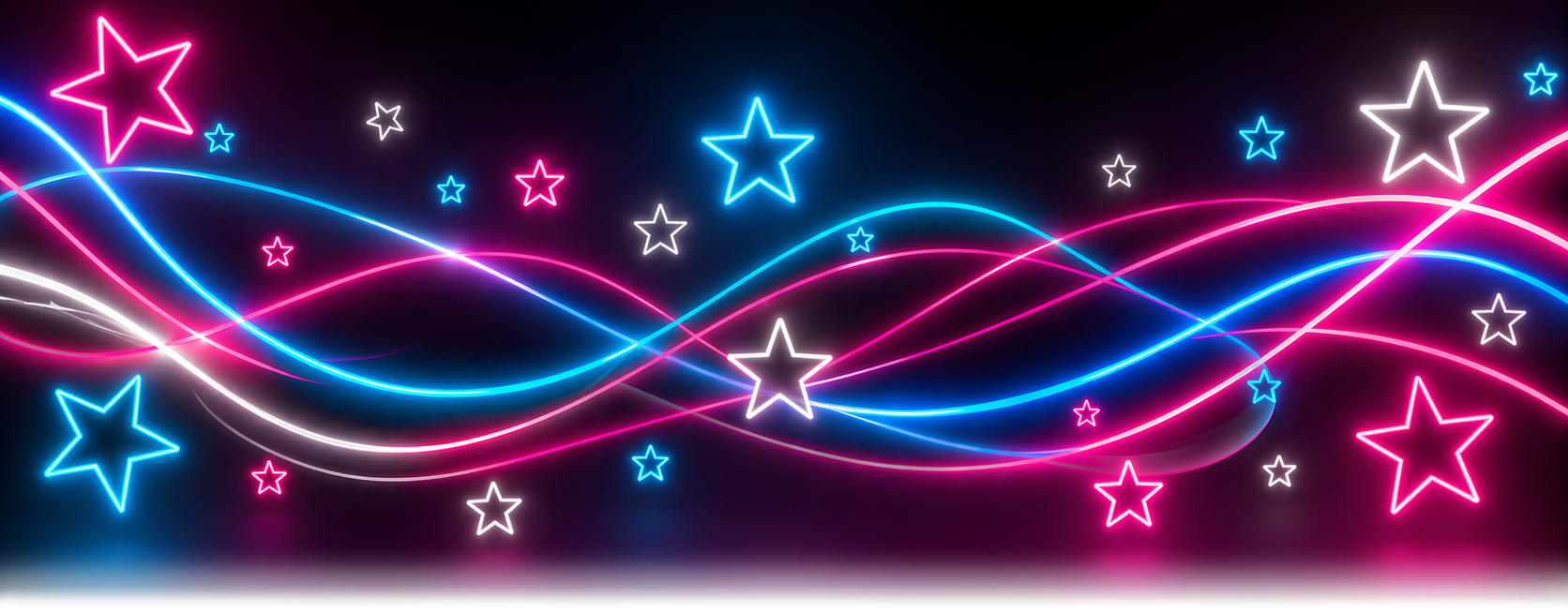 Neon pink and blue glowing waves with star outlines on a dark background.