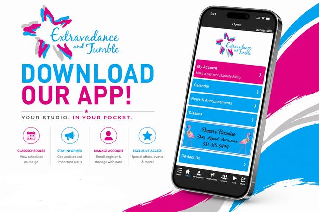 Promotional graphic: download our app, with a smartphone displaying the app and pink-blue branding.