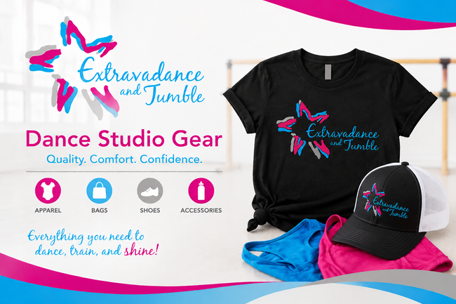 Extravagance by Tumble dance studio gear ad with black T-shirt, cap, and accessories on white background
