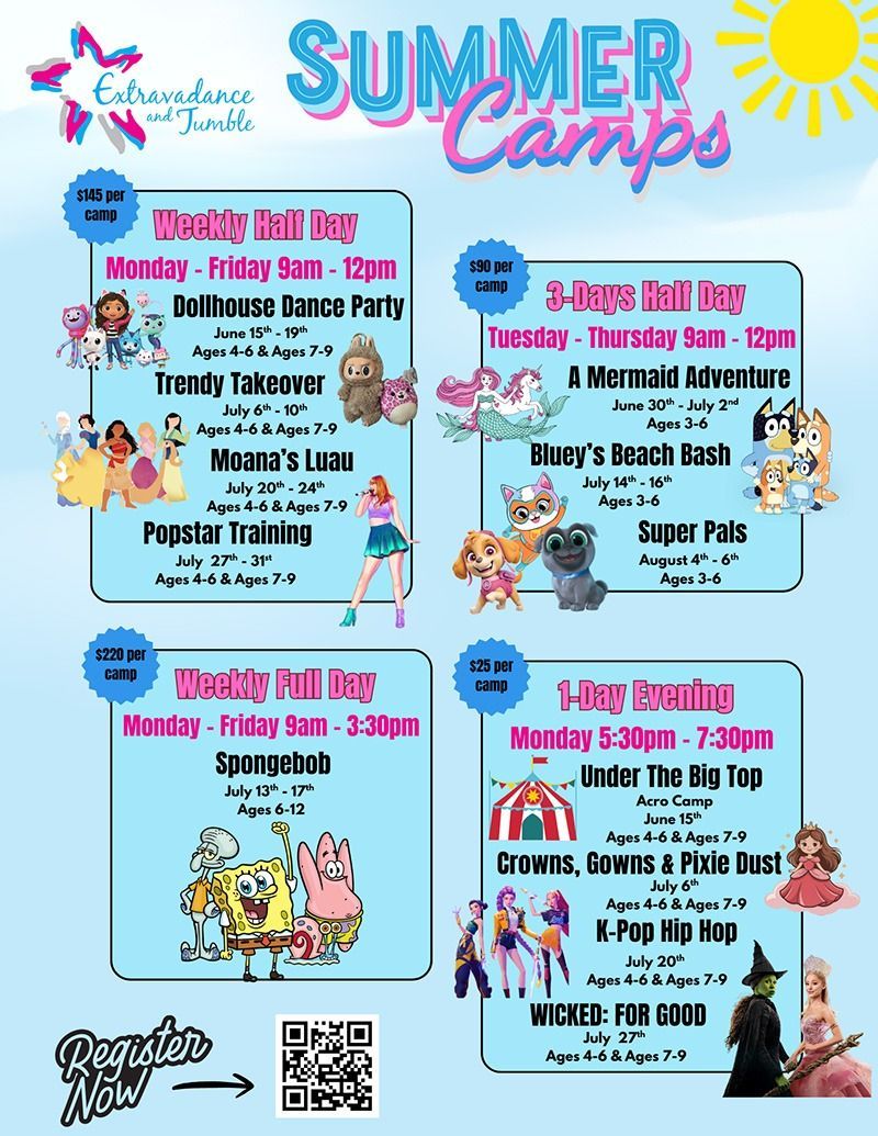 Colorful summer camp flyer with schedule, dates, activities, cartoon graphics, and QR code on a blue background