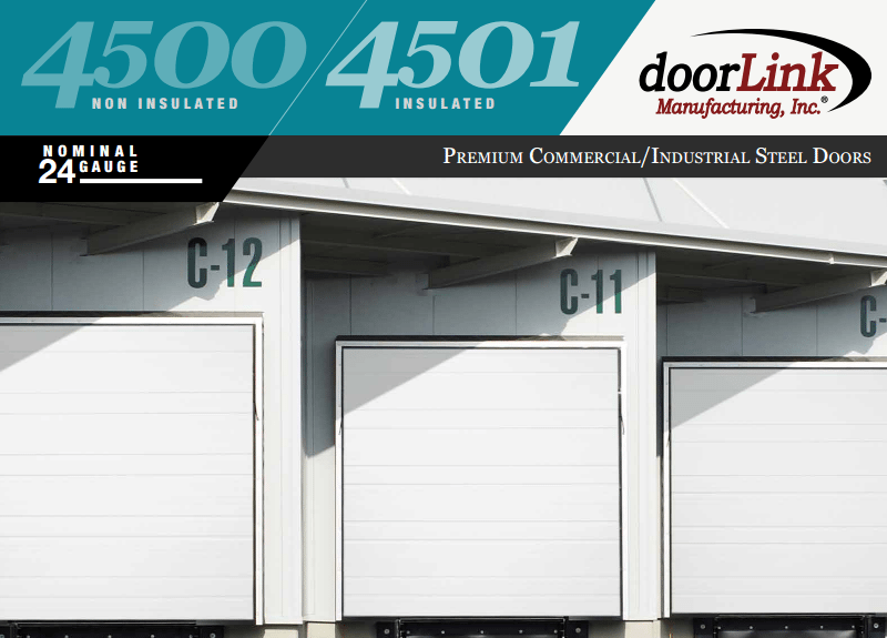 A brochure for doorlink manufacturing shows a row of garage doors