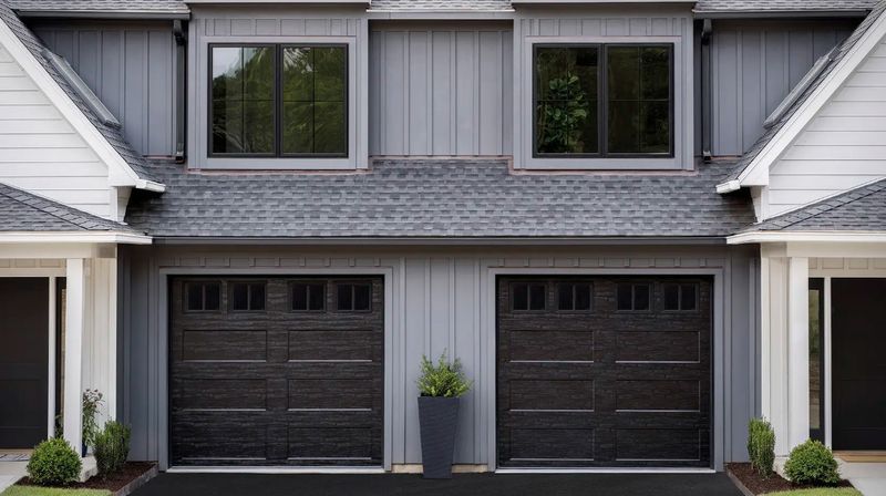 Two-car garage with black doors, gray siding, two windows, and a plant.
