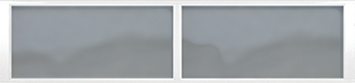 Two windows with a gray landscape view.