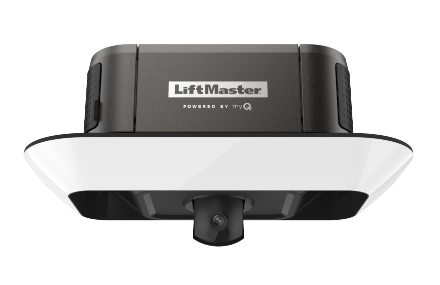 LiftMaster garage door opener with built-in camera, dark gray top with white bottom, viewed from below.