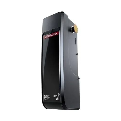 Black LiftMaster gate opener with a red logo and gold key lock on a white background.