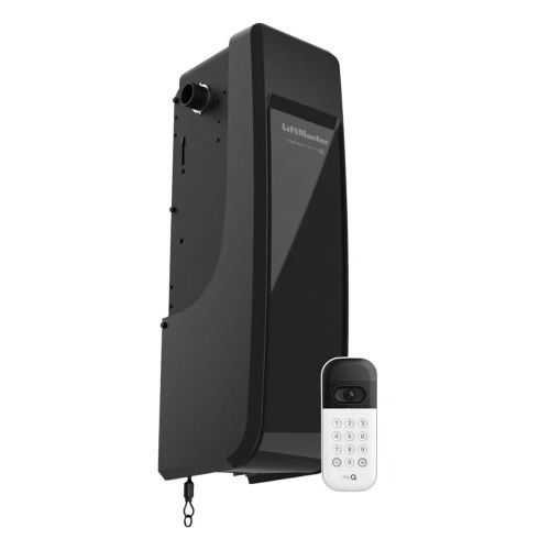 Black LiftMaster garage door opener with remote.