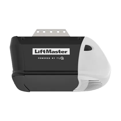 Black and white LiftMaster garage door opener with the myQ logo.