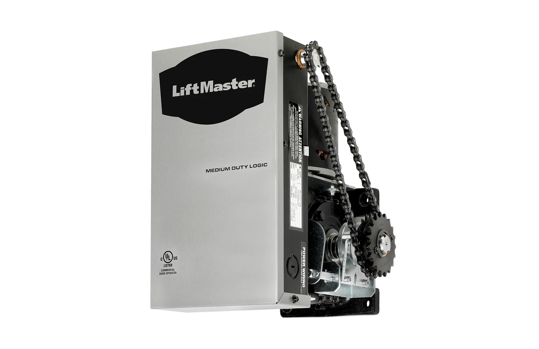 LiftMaster garage door opener, silver housing with chain drive mechanism.