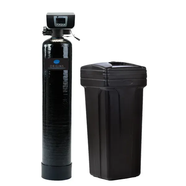 A black water filter and a black water softener on a white background.