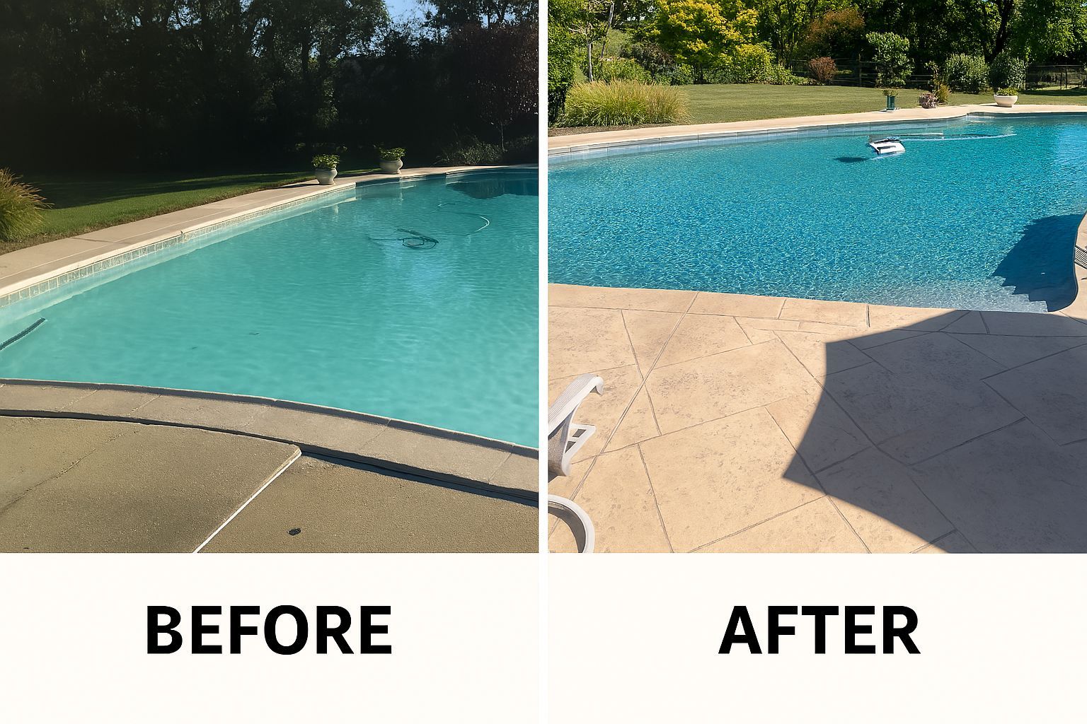 Pool before and after cleaning.  Left: cloudy water. Right: clean, clear water with surrounding patio.