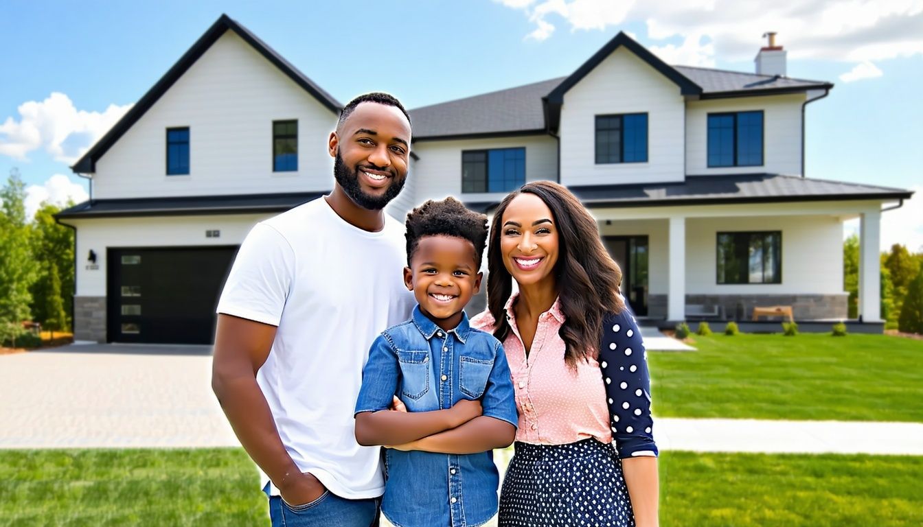 Family standing in front of a modern two-story house with a white exterior and black trim