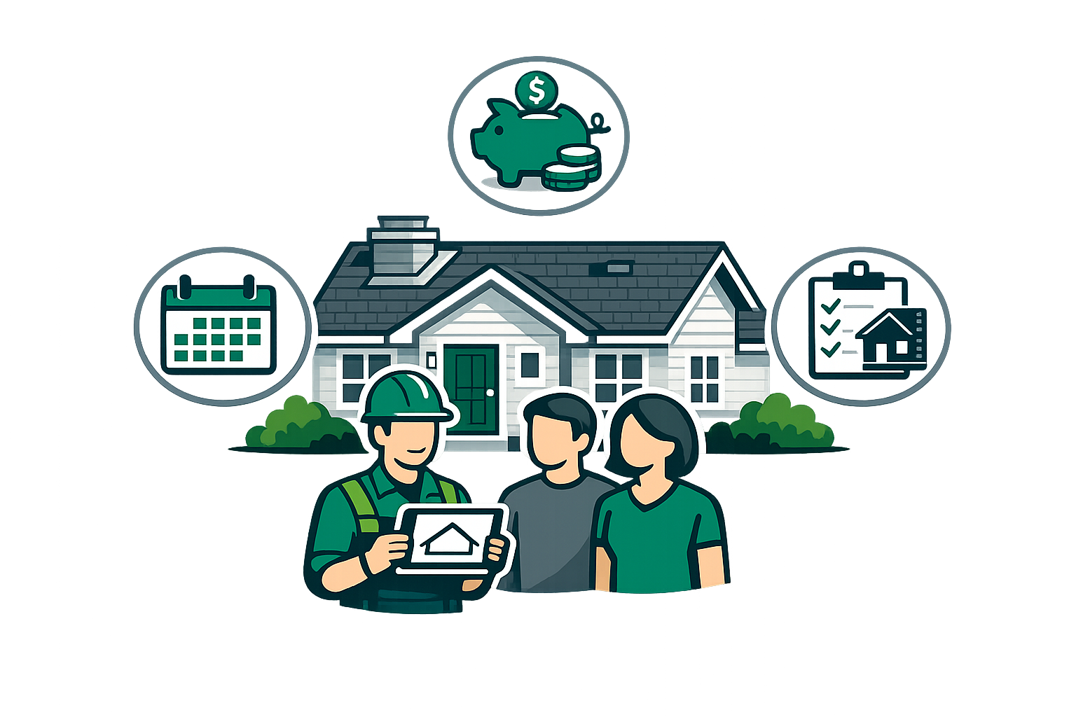 Home inspection concept with inspector and homeowners in front of a house, plus calendar, piggy bank, and checklist icons