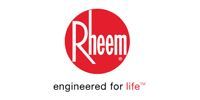 Rheem logo with red circle and white text, plus “engineered for life” tagline below