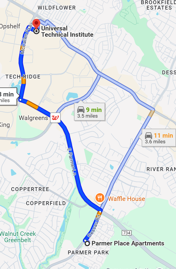 Map showing driving directions from Universal Technical Institute to Parmer Place Apartments, with route times.