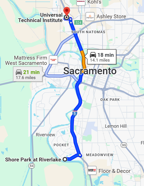 Map showing driving directions from Universal Technical Institute to Shore Park in Sacramento.