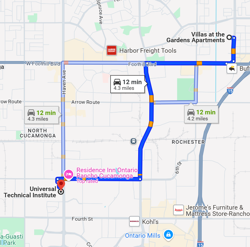 Map showing a route from Universal Technical Institute to Villas at the Gardens Apartments in Rancho Cucamonga.