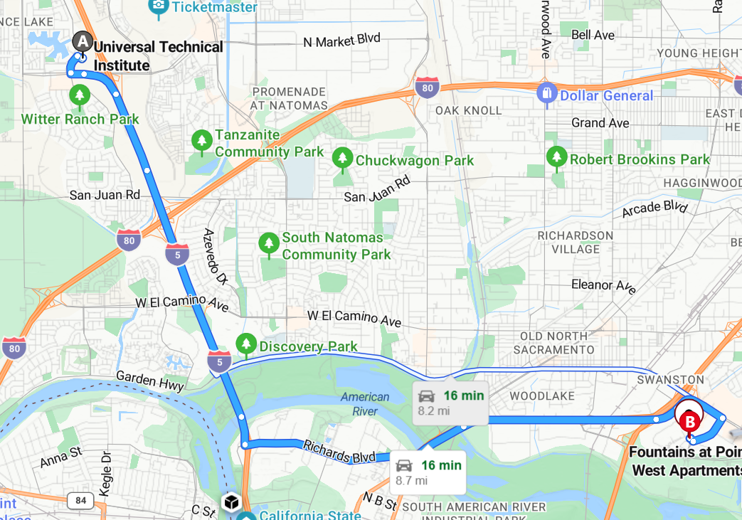 Map showing a driving route from Oregon Technical Institute to Fountains of Palm West Apartments.