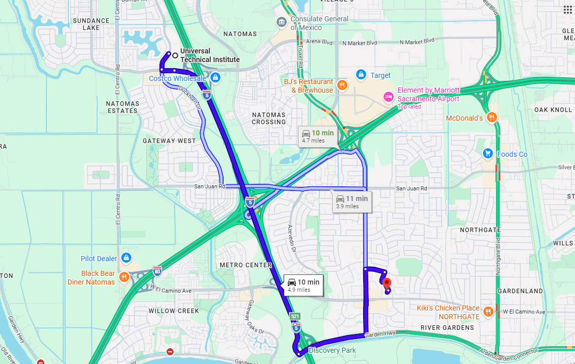 Map with a blue/purple route tracing streets across a city grid and intersections