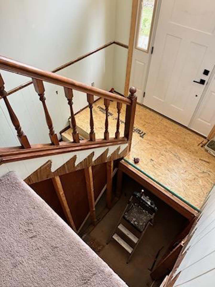 An aerial view of a staircase in a house