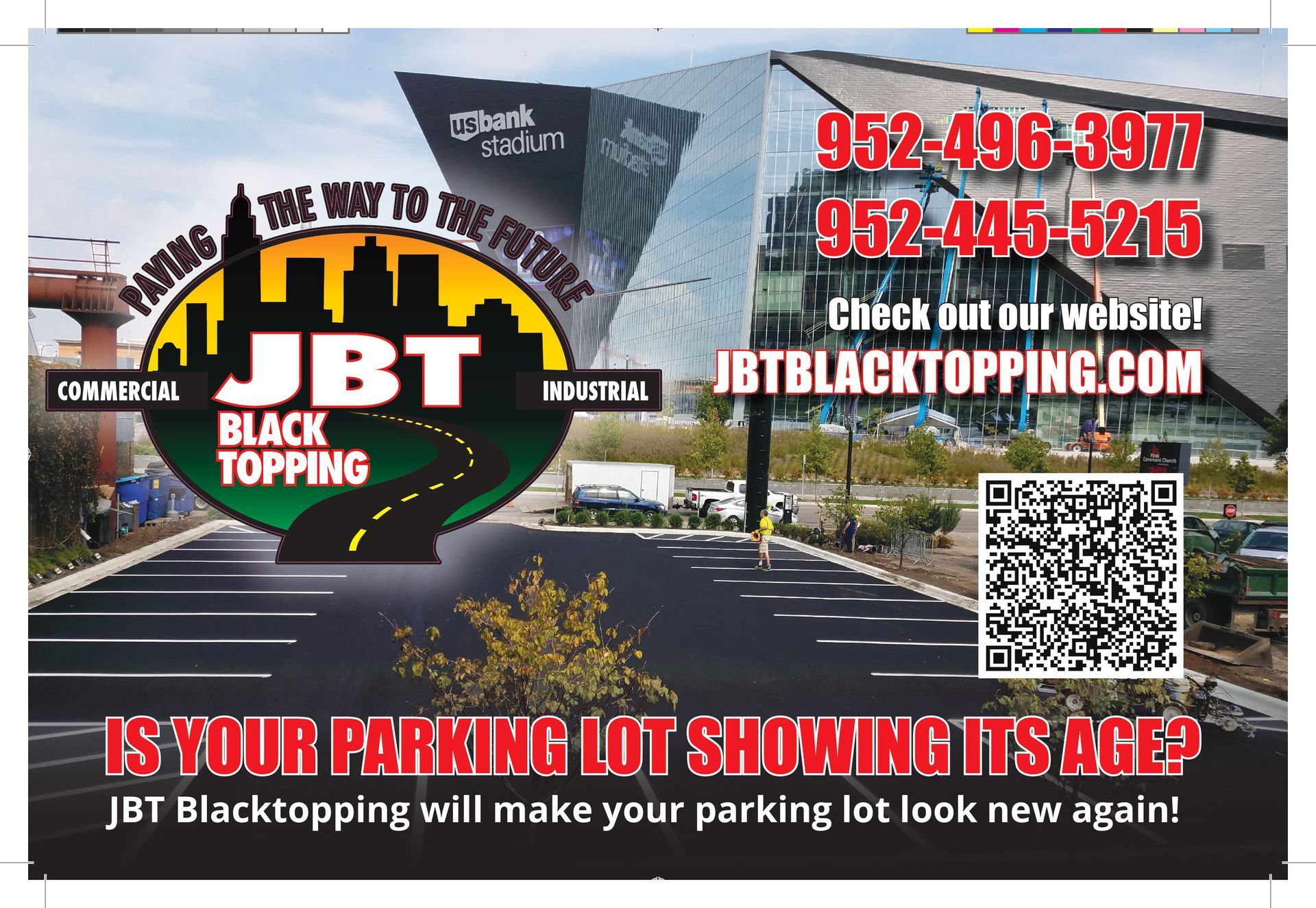 Black Toppping ad with logo, parking lot photo, phone numbers, website, and QR code over “Is your parking lot showing its age?”