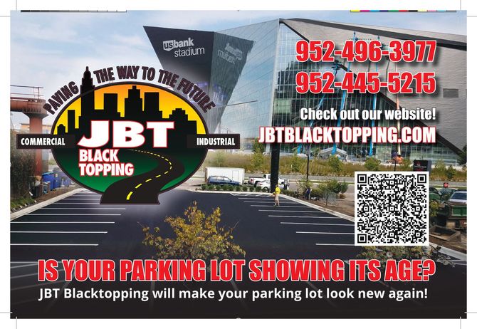 Black Toppping ad with logo, parking lot photo, phone numbers, website, and QR code over “Is your parking lot showing its age?”