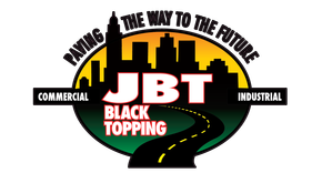 JBT Black Topping logo with city skyline, yellow road, and “Paving the way to the future” text