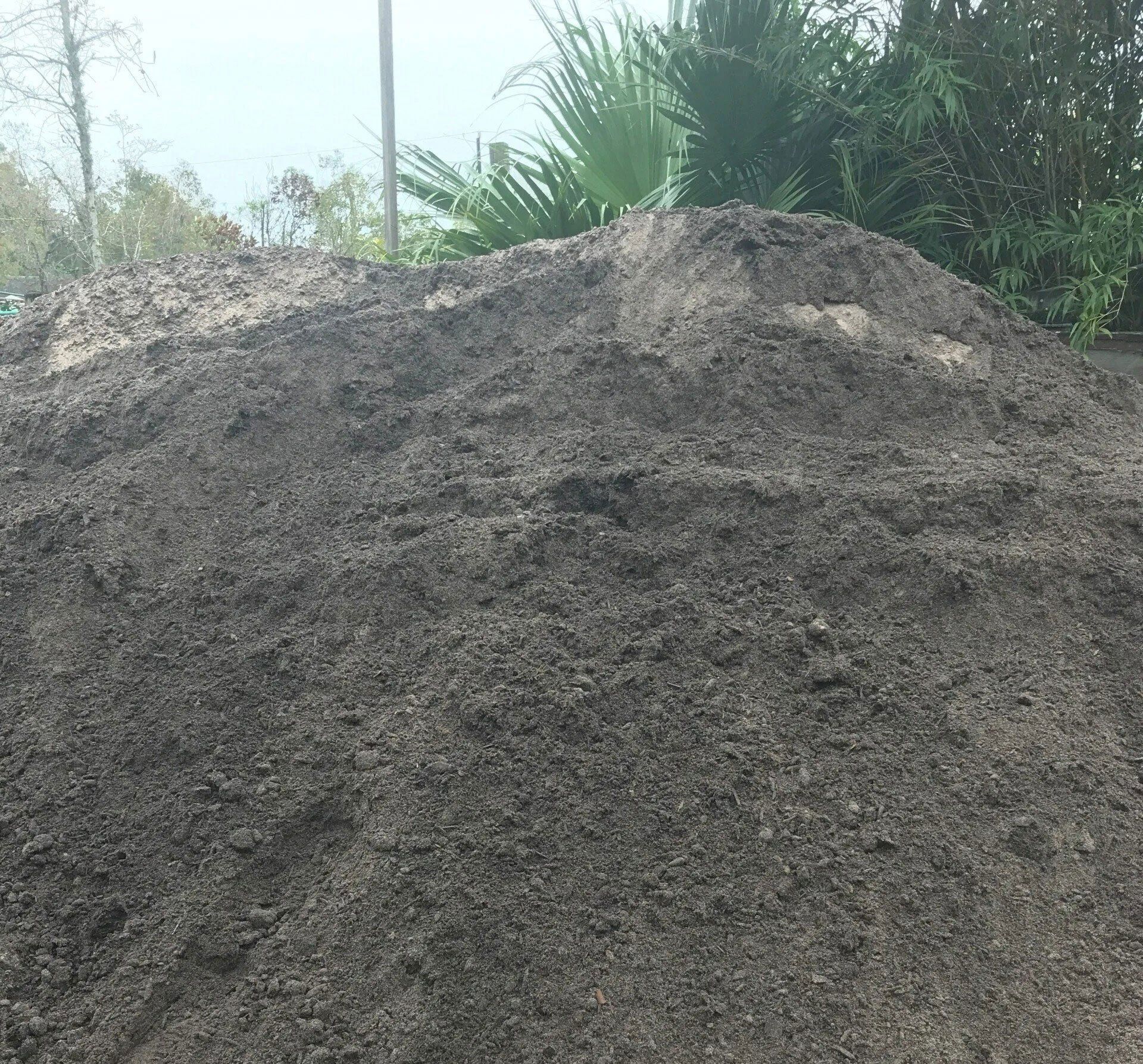 Large mound of gray soil or sand outdoors, with trees and plants in the background