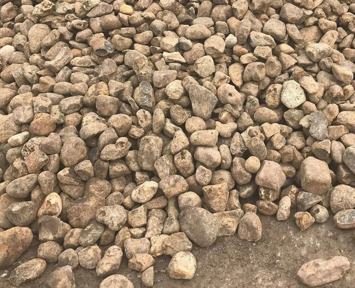 Pile of small tan rocks and gravel scattered on bare ground.