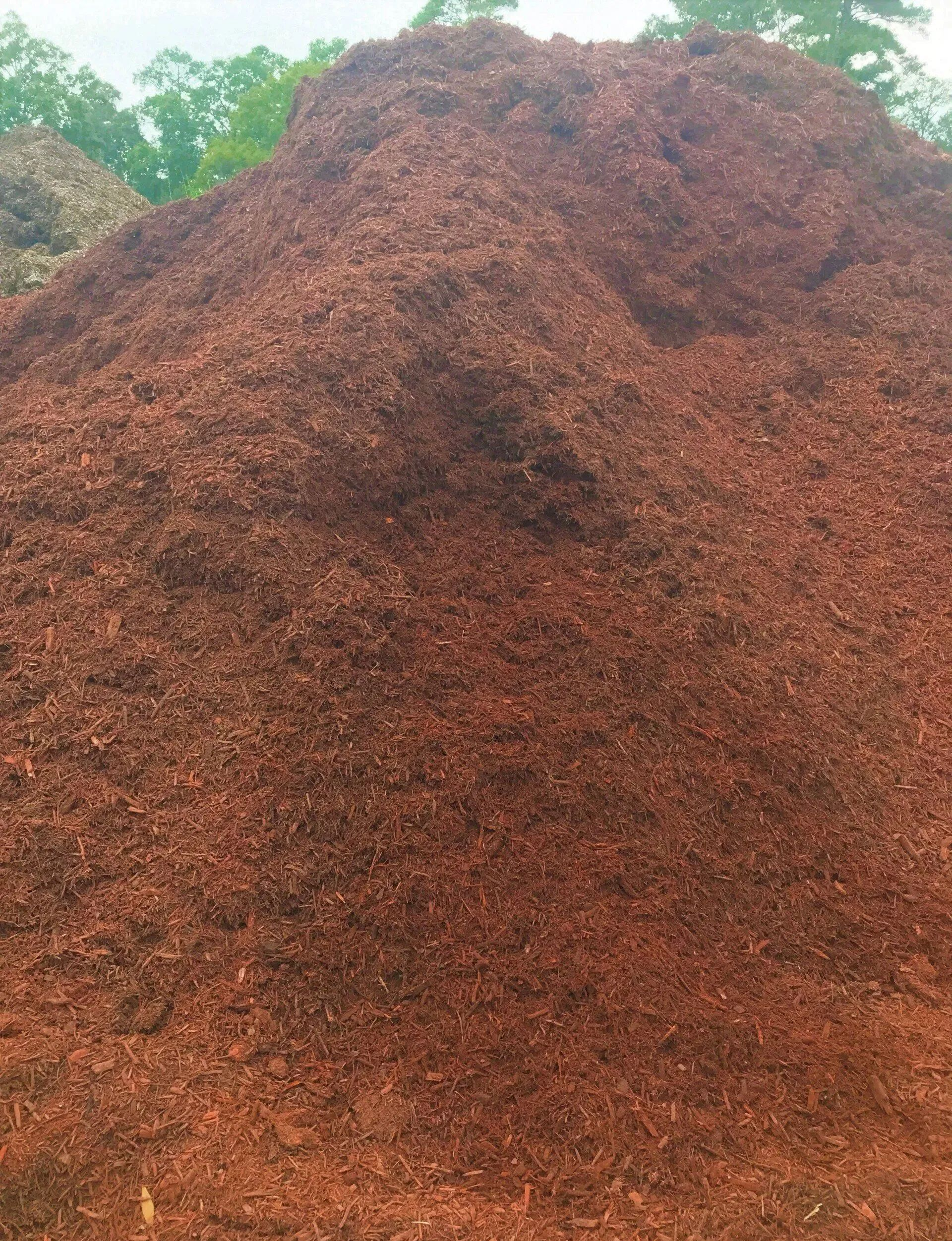 Large mound of reddish-brown wood chips outdoors with green trees in the background