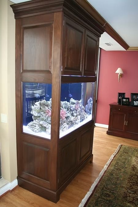 Large wooden aquarium built into a wall, filled with coral and fish, in a living room.