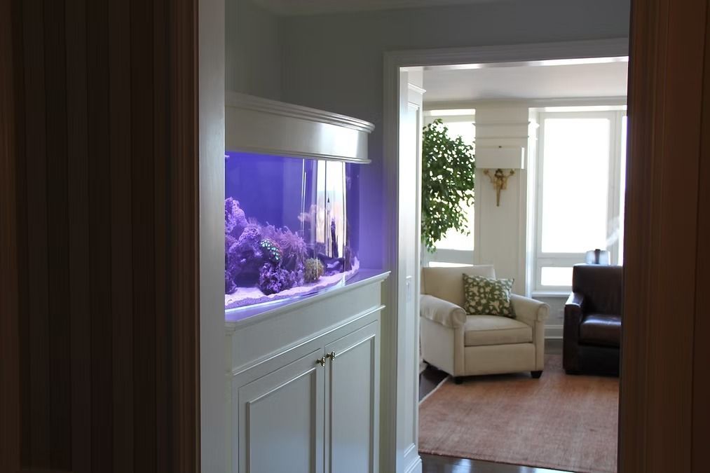 An aquarium with purple lighting built into a white cabinet between two rooms.