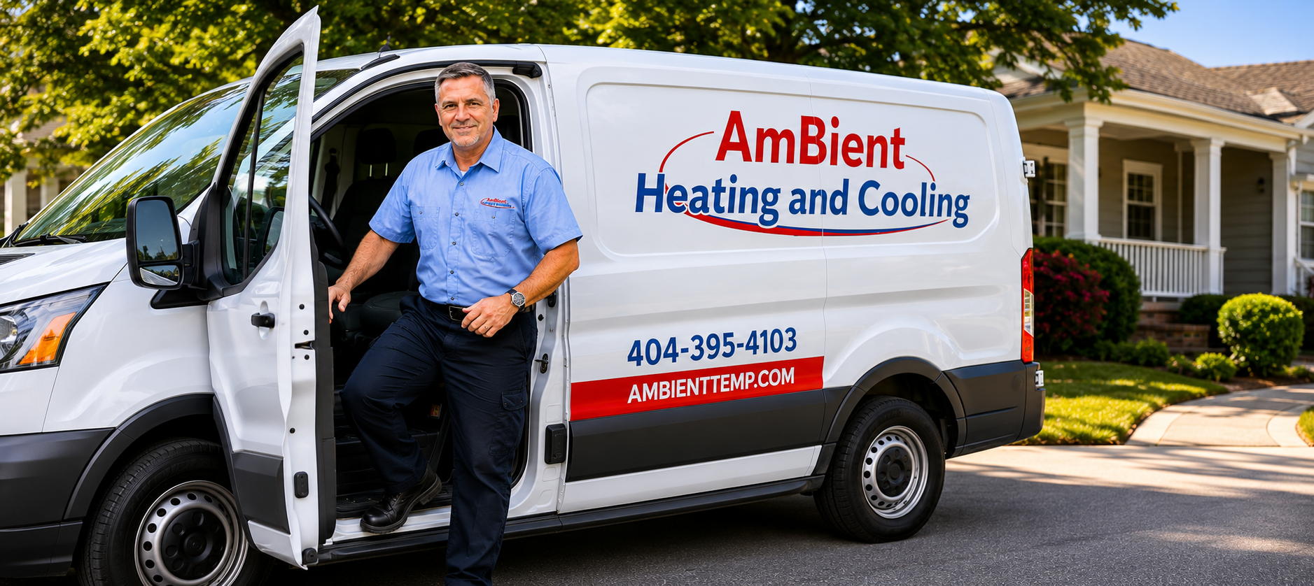 An AmBient Heating and Cooling van parked outside a home, with a man standing by the open door