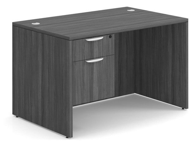 Gray office desk with two drawers and a locking top drawer.