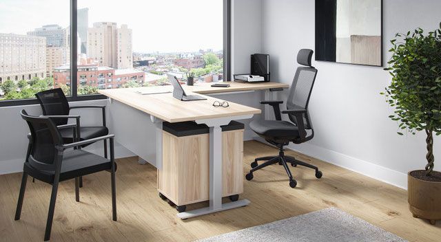 Office with a desk, two chairs, and a plant. A laptop sits on the desk near a large window.