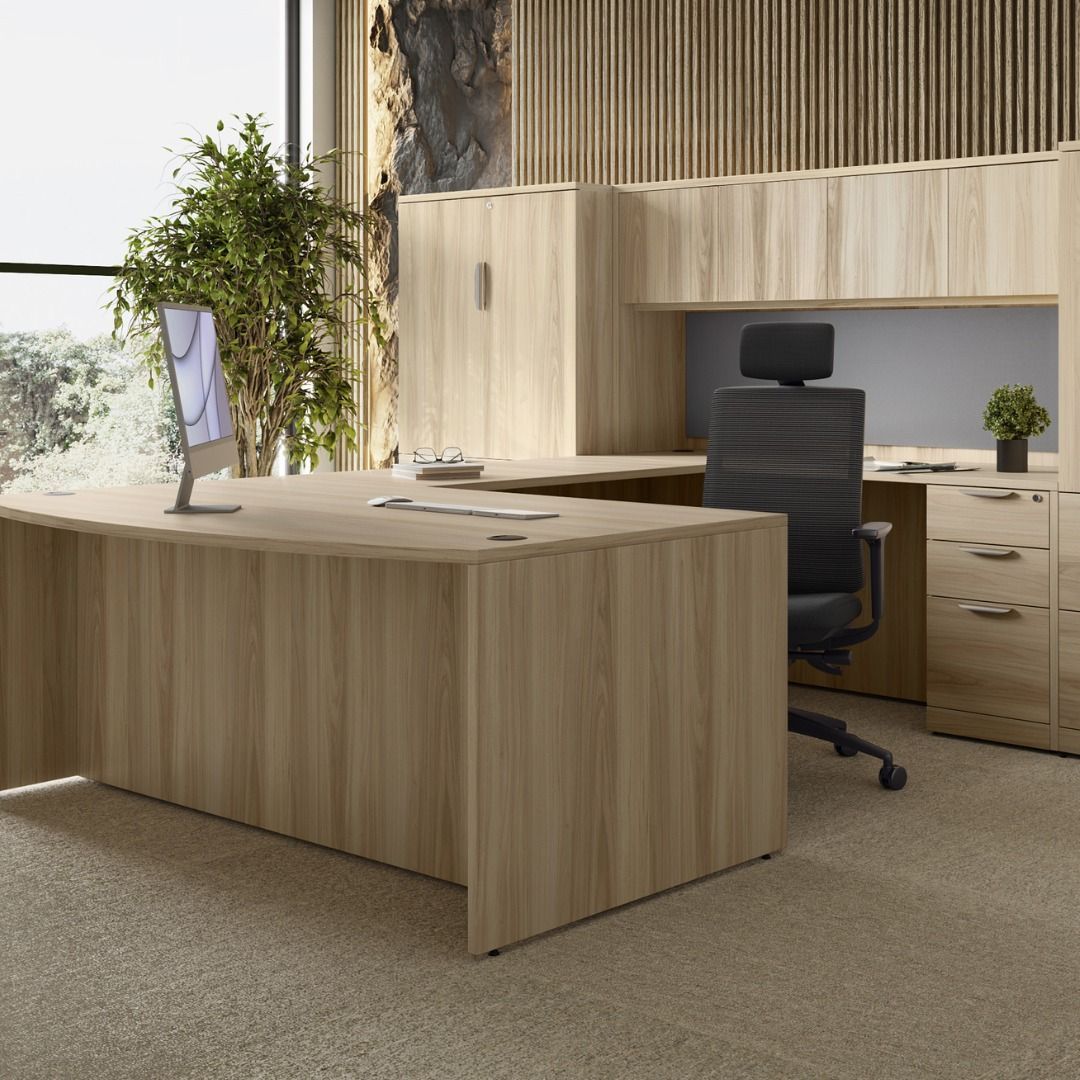 Office with a wooden desk, chair, and cabinets. A monitor sits on the desk, a plant near the window.