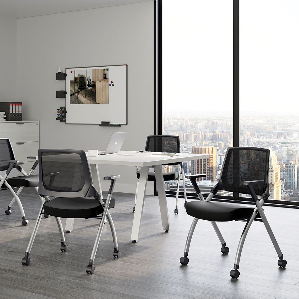 Conference room with white table, black chairs, and large window overlooking city.
