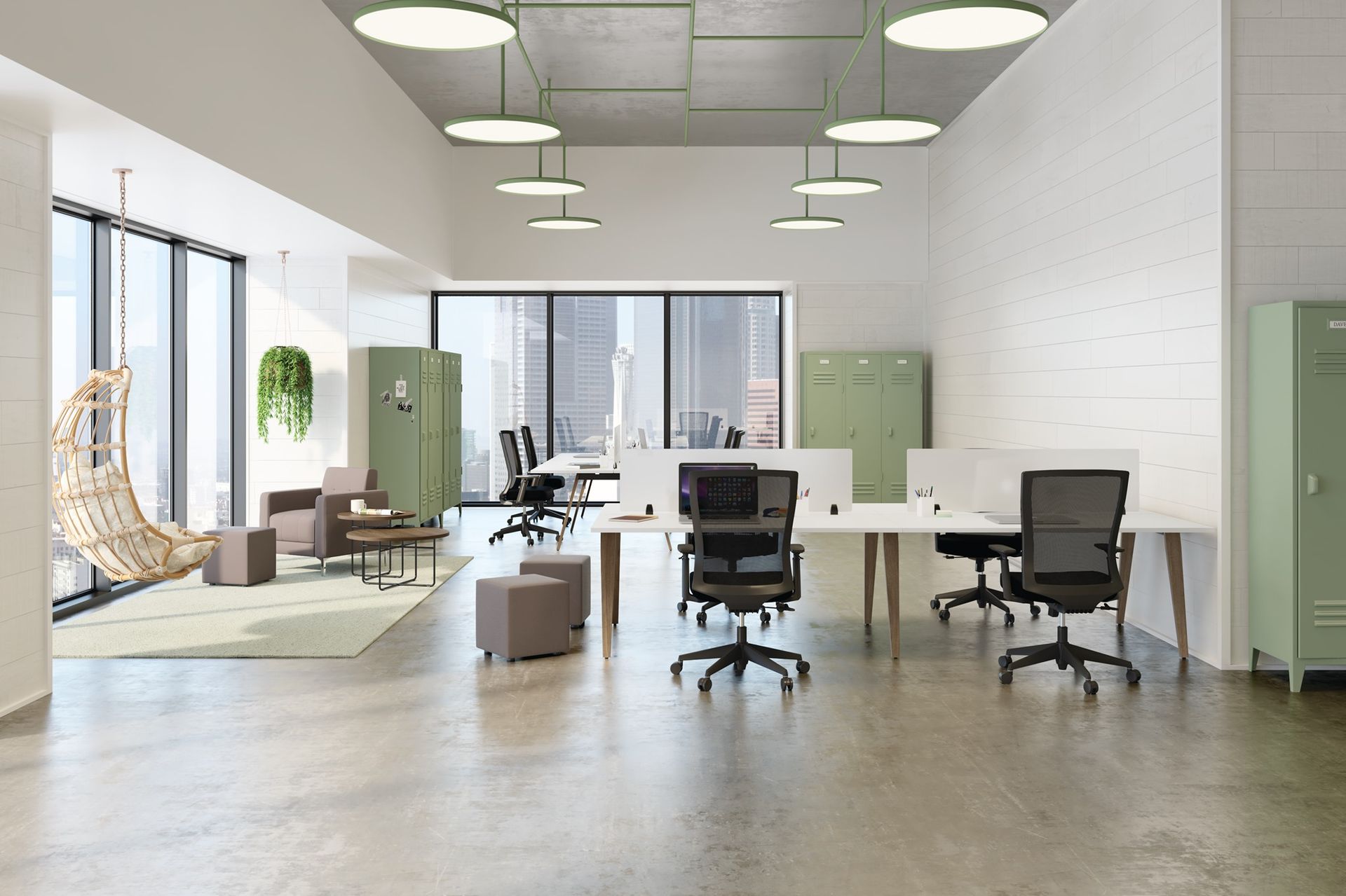 Modern office space with desks, chairs, and storage in a neutral color scheme with light green accents.
