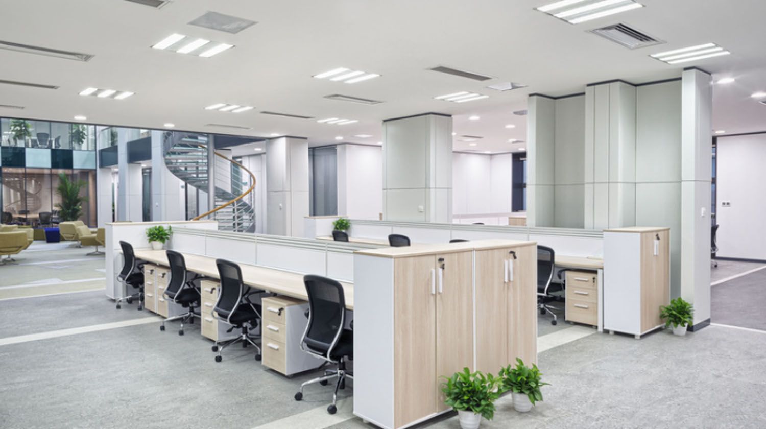 Modern office space with cubicles, plants, and natural light.